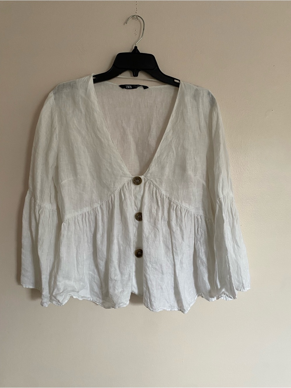 Zara White Linen V-Neck Button Peplum Blouse